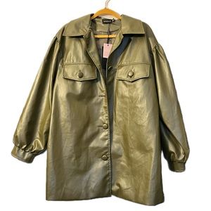 Khaki Faux Leather Drop Arm Balloon Sleeve Shirt Dress